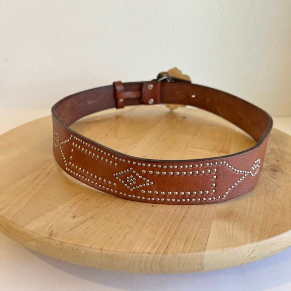 Fossil Brown Genuine Leather Silver Studded Indie Chunky Buckle Belt Size Medium main image 8
